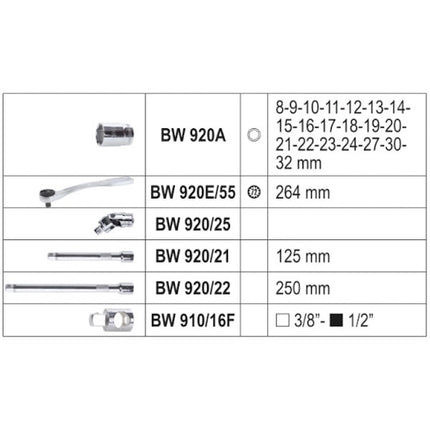 BETA BW 923E/C25 SERIE 20 CHIAVI A BUSSOLA ESAGONALI E ACCESSORI 1/2"