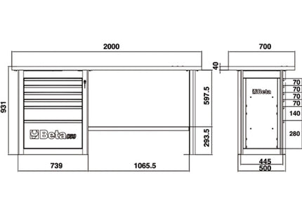 BETA C59A BANCO CON 1 CASSETTIERA DA 6 CASSETTI MM.2000X700
