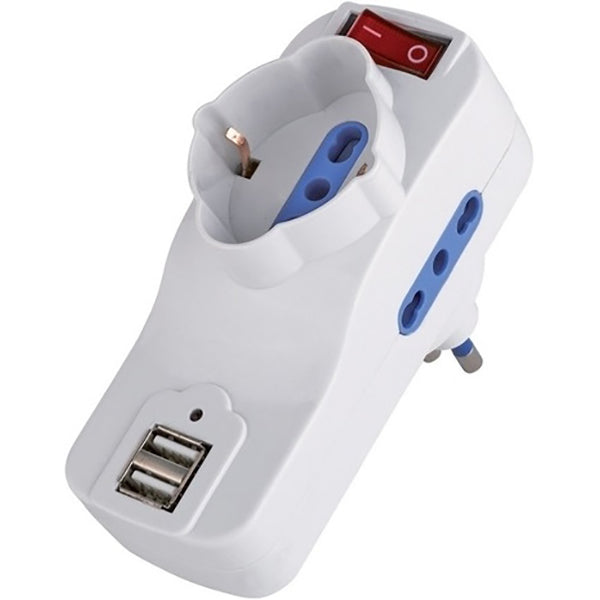 FAEG ADATTATORE SPINA 16A 3 PRESE 2 USB CON INTERRUTTORE 250V BIANCO