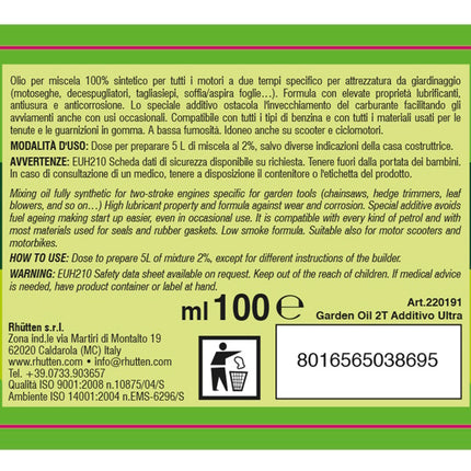 RHUTTEN OLIO GARDEN 2T SINTETICO ULTRA PER MISCELA FLACONE DA ML100