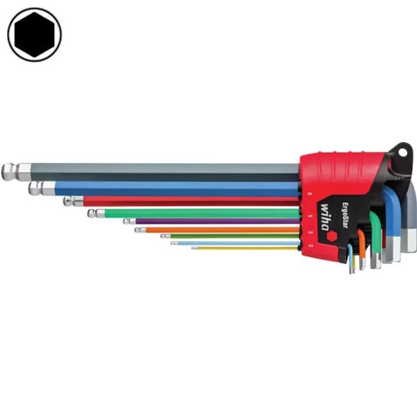 WIHA SERIE DI 9 CHIAVI A TESTA SFERICA ESAGONALE COLORATE ERGOSTAR
