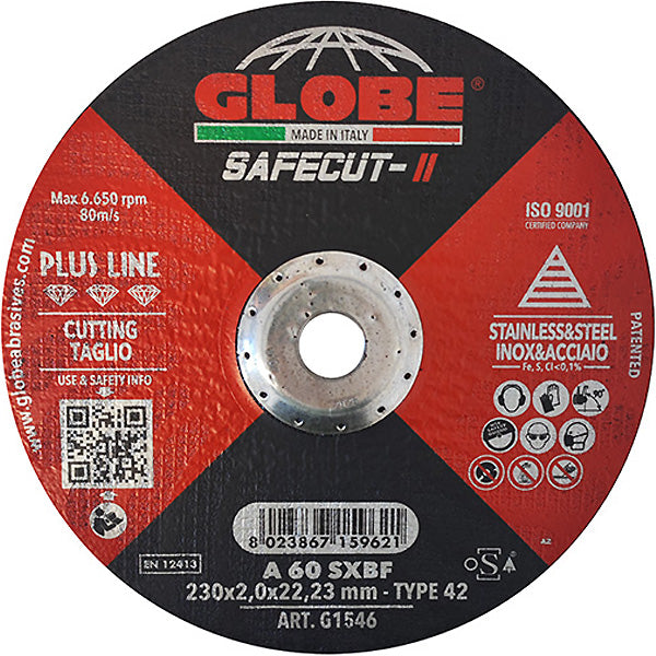 GLOBE DISCO DA TAGLIO A CENTRO DEPRESSO D.MM230X2,0X22,23 INOX/ACCIAIO