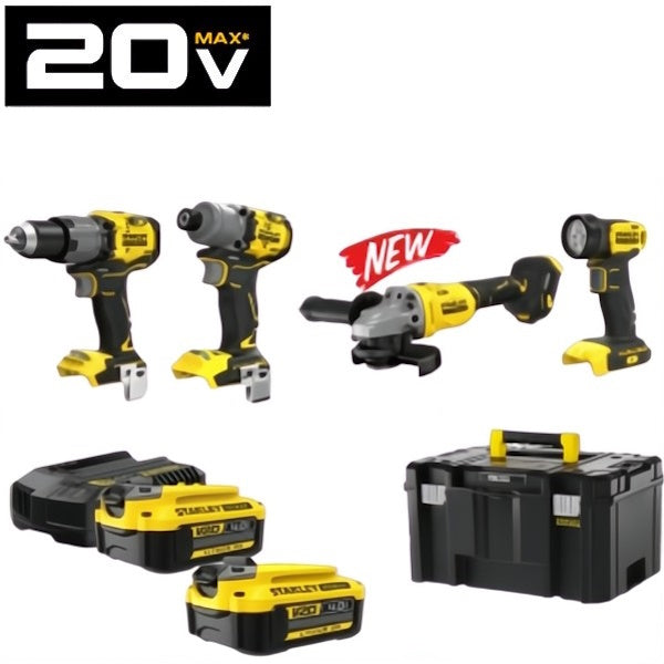 STANLEY KIT TRAPANO + AVVITATORE + SMERIGLIATRICE + TORCIA 18V 4,0AH