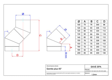 SAVE MEZZO GOMITO PER STUFE SAVE PLUS PORCELLANATO NERO OPACO D.CM12*