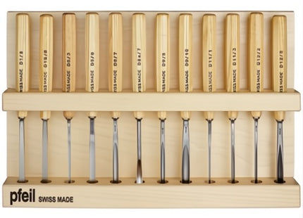 PFEIL SET DI 12 SGORBIE PER LEGNO MOD. AMATEUR CON SUPPORTO IN LEGNO