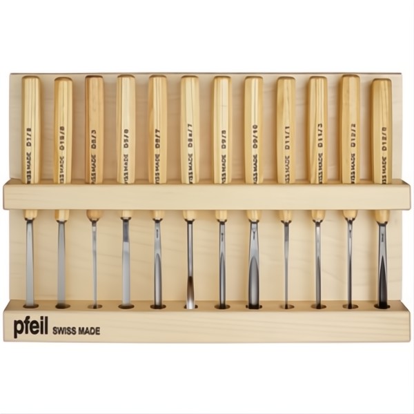PFEIL SET DI 12 SGORBIE PER LEGNO MOD. AMATEUR CON SUPPORTO IN LEGNO
