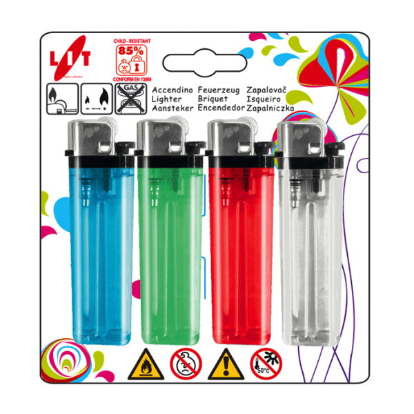 ACCENDINI A GAS PIEZO NON RICARICABILI FIERY CONF.PZ4 COLORI MISTI