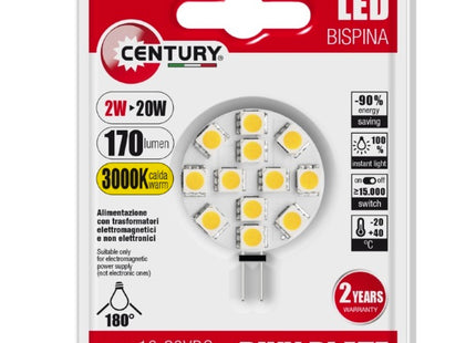 CENTURY LAMPADINA LED BISPINA PIXY 10-30V 2W ATTACCO G4 3000K 170LM