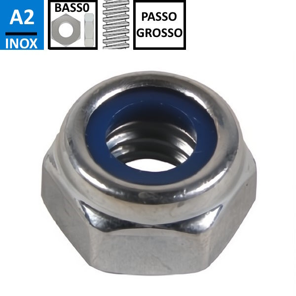DADO AUTOBLOCCANTE BASSO PASSO GROSSO ACCIAIO INOX A2 DIN 985