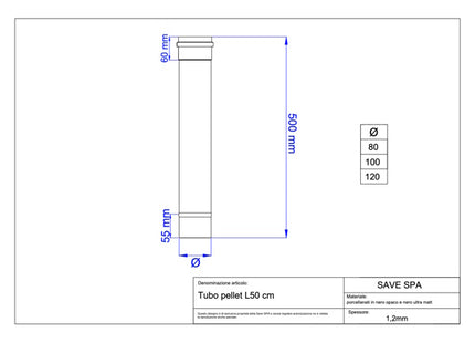SAVE TUBO PER STUFE PELLETS PORCELLANATO NERO OPACO