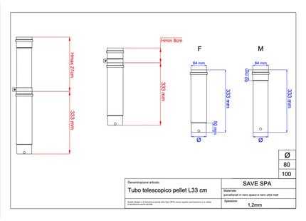 SAVE TUBO PER STUFE PELLETS TELESCOPICO PORCELLANATO NERO OPACO D.CM 8