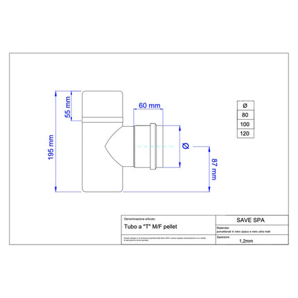 SAVE TUBO PER STUFE PELLETS A T M/F PORCELLANATO NERO OPACO D.CM 8