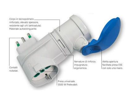 FME ADATTATORE CON SPINA 2P+T 16A 1 PRESA CEE 1 PRESA SCHUKO 250V