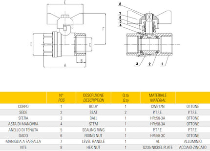 GT COMIS ART 308 VALVOLA A SFERA IN OTTONE NICHELATO CON FARFALLA F/F