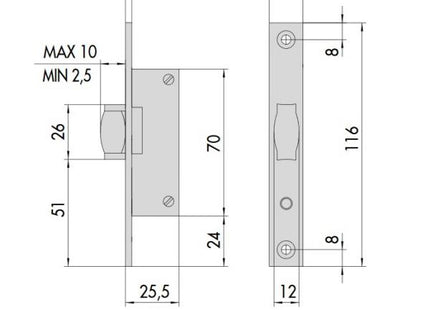 CISA SERRATURA DA INFILARE PER MONTANTI ENTRATA MM15 AMBIDESTRA