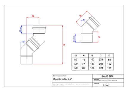 SAVE MEZZO GOMITO PER STUFE PELLETS PORCELLANATO NERO OPACO
